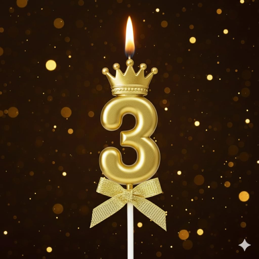 Gold Crown Birthday Candle - 3D Number 3 Cake Topper -5