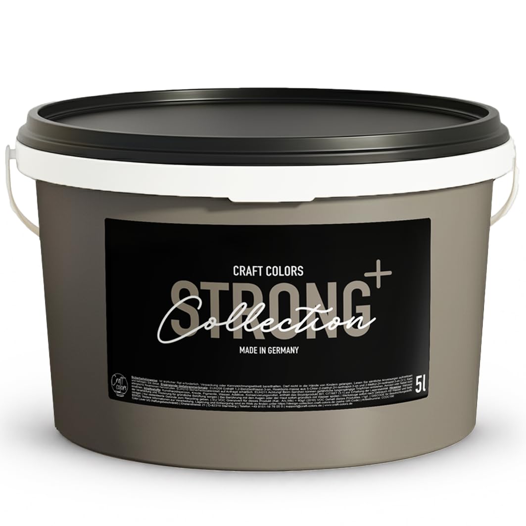 Wandfarbe Strong+ Taupe / warm grau (Betongrau no. 962), 5 Liter für stark beanspruchte Flächen wie Treppenhäusern, Fluren, Kellerräumen und Garagenwänden - Nassabriebklasse 1 - Made in Germany