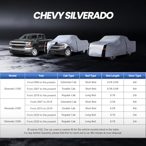 Image of Multi-Layer Chevy Silverado Truck Cover, Custom Fit Silverado 1500 1998-2026 Extended Cab Short Bed(8.1')Car Cover Waterproof All Weather, Full Exterior Cover Rain Wind and UV Protect With Door Zipper