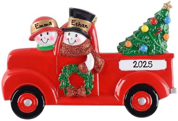 Miniatura 6 de Adorno de Navidad personalizado de muñeco de nieve para pareja en camioneta roja 2023  Camión rojo vintage con adorno colgante de árbol de Navidad,
