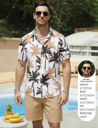 Image of Yimoon Men's Summer 2 Piece Outfits Tropical Print Short Sleeve Button Down Hawaiian Beach Shirt and Shorts Set