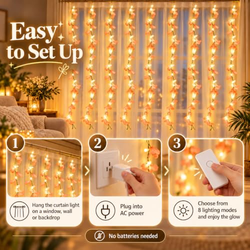 Image of One94Store Peach Artificial Flower Curtain LED String Lights - 200 LED Warm White Fairy Lights, 8 Modes, AC Plug, Orange Flower Lights for Diwali, Balcony, Bedroom, Wedding & Home Decor (10x3 Ft)