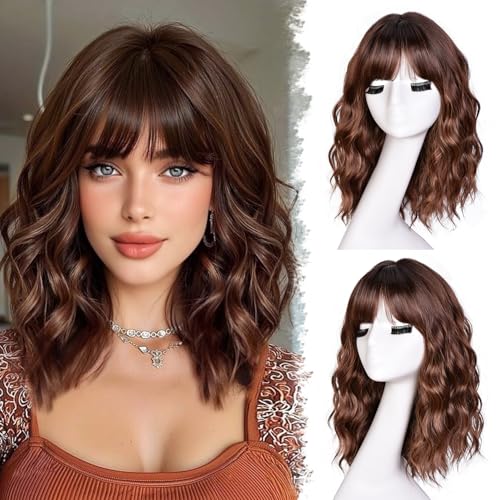 RUNM Short Bob Wavy Wigs for Women 16Inch Highlight Brown Wig with...
