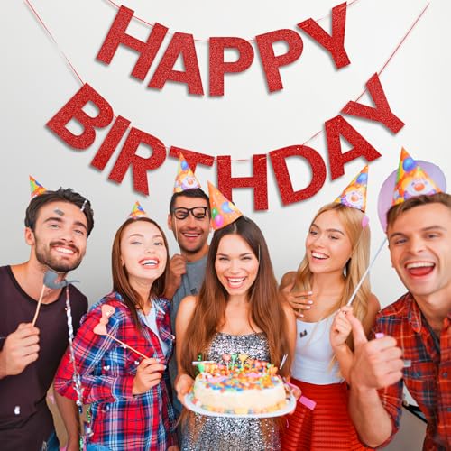 image for LITAUS Red Glitter Happy Birthday Banner - 9ft Pre-Strung No DIY Backd