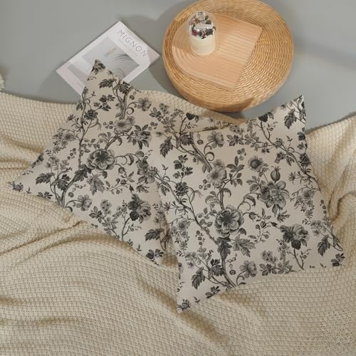 Gloteery Vintage Black Throw Pillow Covers 18x18 Inch 2 Pcs Chinoiserie Grey Gray Floral Outdoor Decor Pillow Covers Flower Spring Seasonal Decorative Pillowcase Linen Cushion Cover for Couch Sofa — view 5