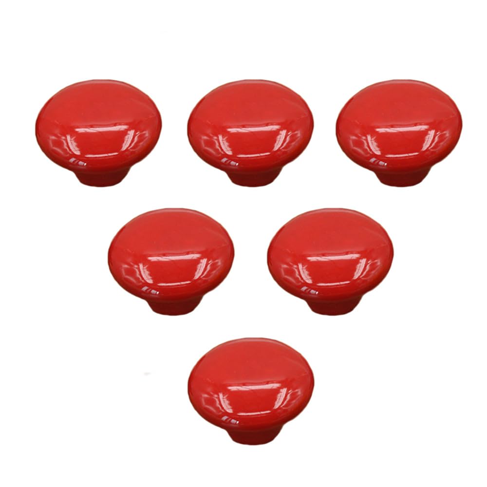 6 Pack Round Drawer Knobs, 32mm Ceramic Single Hole Cabinet Door Handles with Screws, Mushroom Shape Pull Handles for Dresser Cupboard Wardrobe, Red