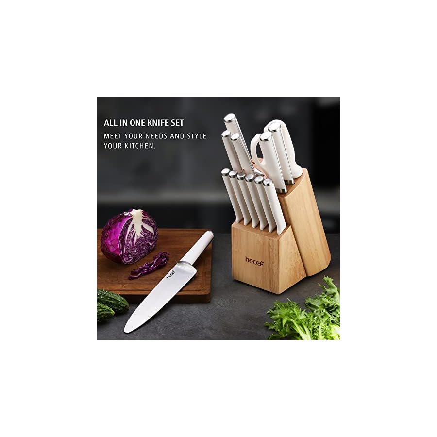 hecef-Black-Kitchen-Knife-Set-Block-Ergonomic-Handle-Massage-Design-Basic-Knife-Set-for-Chef-Cutting-Cooking-White-Stainless-ABS-Material-Handle hecef Kitchen Knife Set with Wooden Block 15 PCS White, High Carbon Stainless Steel Ultra Sharp Kitchen Knife Set with 6 PCS Steak Knives, Meat Scissors, Sharpener Steel