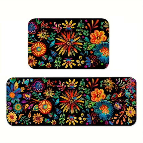 YWZDS Mexican Floral Kitchen Rugs Set of 2, Colorful Kitchen