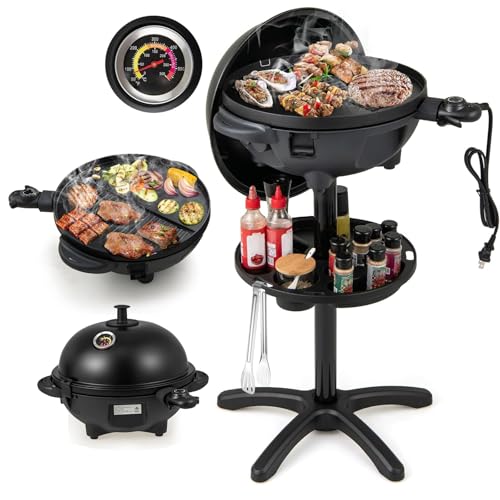 GYMAX 2-EN-1 Gril Barbecue Electrique sur Pied/Table, pour Intérieur/Extérieur, avec Thermomètre, Régulateur pour Contrôle de Température 180-270℃, 2 Zones de Cuisson, Plateau de Rangement
