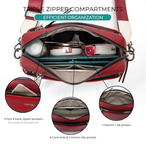 Image of Alldaily Small Triple Zip Crossbody Purse for Women, Vegan Leather Phone Bag with Wide Shoulder Strap