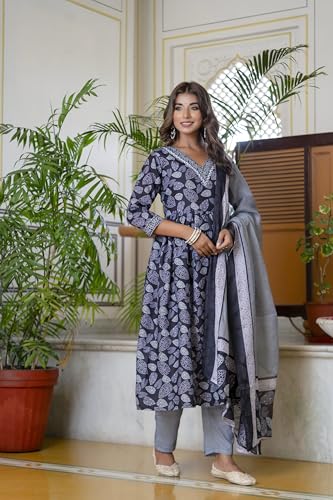 Lookmark Women's Printed Cotton Blend Lace A-Line Kurta Pant Dupatta Set - Ethnic Elegance For Every Occasion Experience Comfort And Style With This Stunning Ensemble (Az-Lm-P1-Ks2122-Xxl) Black