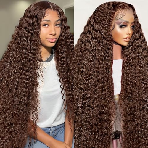 MXTQO 13x6 Deep Wave Lace Front Wigs Human Hair Chocolate