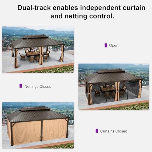 Image of PURPLE LEAF 12' X 20' Outdoor Hardtop Permanent Galvanized Steel Gazebo Double Roof Canopy Aluminum Frame Patio Garden Pavilion with Netting and Curtains