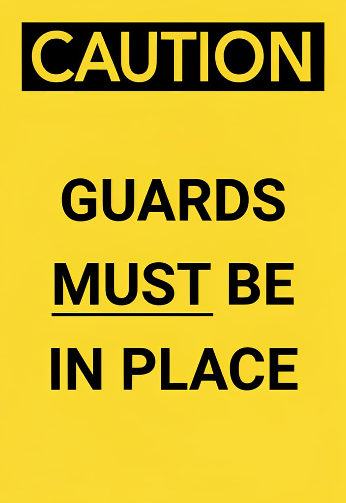 peiyeety CAUTION Guards Must Be In Place Tin Sign 12x8 Inch, Yellow & Black Safety Warning Metal Wall Decor for Workshop, Garage, Factory, OSHA-Style Industrial Sign, Easy Hang Gift
