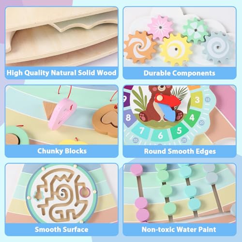 Image of 5FT Large Pastel Rainbow Wooden Activity Wall Panel for Toddler Educational Montessori Toy for Kids Interactive Sensory Toys Sensory Activity Busy Board Daycare Learning Center Toddler Room Decor