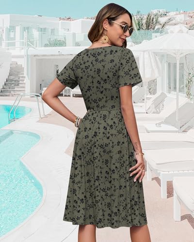 Image of WNEEDU Women V Neck Button Down Empire Waist Midi Summer Dress with Pockets