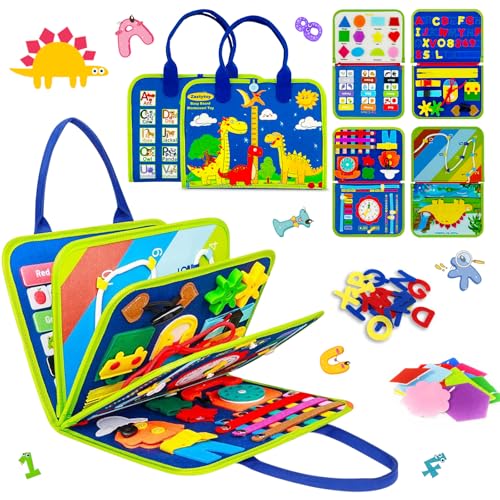 Beibeijia Libro Montessori Busy Board Niños 1 2 3 4 Años, Busy Board Montessori de Fieltro, Fieltro Tablero Sensorial Montessori, Busy Book con Cremalleras/Botones (Aventura de Dinosaurios)