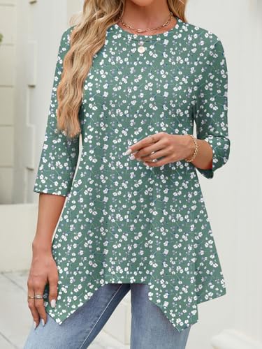 JUSTFASHIONNOW 3/4 Length Sleeve Tunic Tops for Women Loose Fit Dressy Casual Plus Size Blouses Shirts Asymmetrical Hem Floral Top（Floral Blue，X-Large — view 5