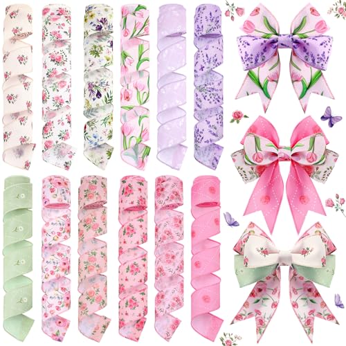 Vincreem 12 Rolls Spring Pink Floral Wired Edge Ribbon for Wreaths 2 Inch x 60 Yards Wildflowers Rose Lavender Print Grosgrain Ribbon for Bow Gift Bow Crafts Party Supplies 12 Styles