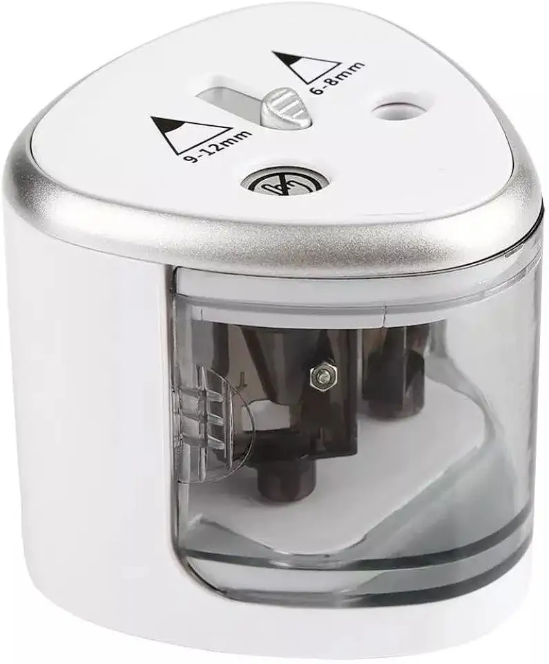 Apontador Elétrico Duplo Automático Portátil com Tampa Transparente para Lápis 6-12mm – Ideal para Escola, Escritório e Uso Profissional Á Pilha Branco Premium