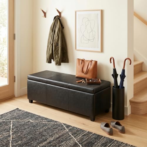 Image of SIMPLIHOME Avalon 48 inch Wide Vegan Leather Storage Ottoman in Black