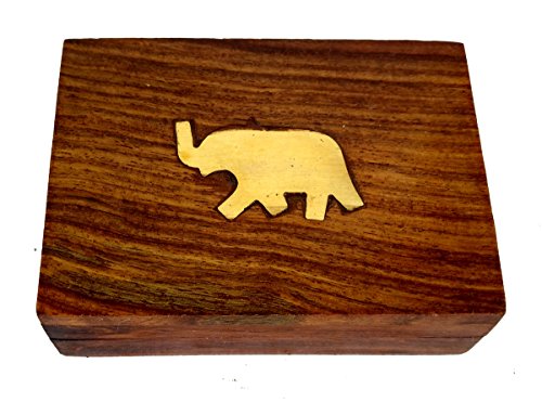 Rastogi Handicrafts Boîte à bijoux en bois avec incrustation d'éléphant en laiton et élégante - Cadeau simple - Dimensions : 9,5 x 7 x 3 cm Cover