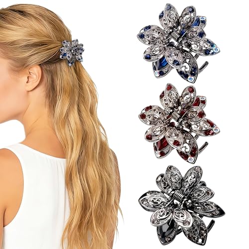TXIN 3 Pieces Rhinestone Hair Claw Clips Vintage Floral Metal Hair Jaws Retro Decorative Small Hair Barrettes Sparkling Crystal Hair Clamps Pins for Women Girls Hair Styling Accessories