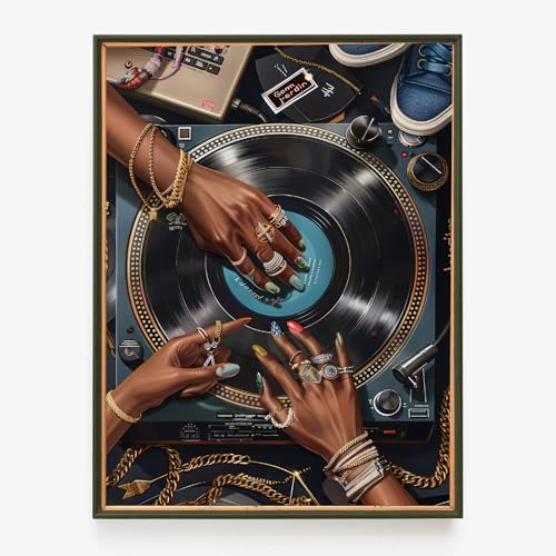 Vintage Vinyl Record Music Wall Art Black Woman Abstract Poster DJ Music Studio Painting Pictures Wall Decor Fashion African American Artwork Modern Black Girl Print for Home Decor 12x16 inch Unframed