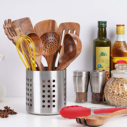 JAZUIHA 12Pcs Kitchen Cooking Utensils Set Non-stick Wooden Cooking Utensils with Spatula, Spoon, Tongs, Whisk & Stainless Holder Kitchen Tool for Cooking
