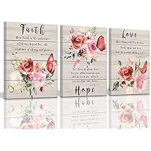 Wall Art for Bedroom Butterfly Wall Pictures Floral Paintings Faith Hope Love Quotes Inspirational Wall Art Watercolor Pink Flower Blossom Prints Bedroom Decor for Women Canvas Art 12x16inches x3pcs