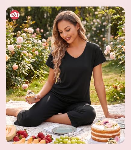 Image of ENJOYNIGHT Womens Pajama Sets Cotton Pj Set Short Sleeve Top With Capri Pants Sleepwear 2 Piece Lounge Set