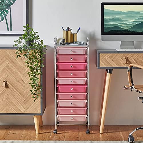 VonHaus Storage Trolley, 10 Drawer Pink Wheeled Makeup Trolley, Durable Storage with Plastic Drawers, Chrome Frame, Storage Panel & 360° Wheels, Versatile Organiser for Bedroom, Bathroom, Home Office
