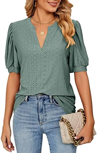 Women's Short Sleeve V-Neck Shirts Loose Casual Puff Sleeve Tee T-Shirt Turquoise Medium