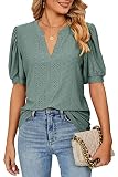 Women's Short Sleeve V-Neck Shirts Loose Casual Puff Sleeve Tee T-Shirt Turquoise Medium