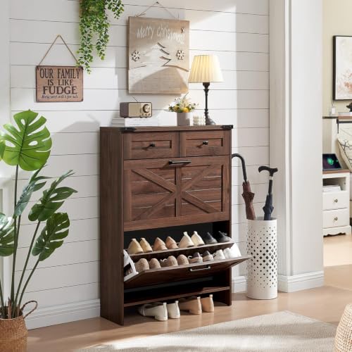 Barnyatoh Farmhouse Shoe Cabinet with 2 Flip Drawers & 2 Storage Drawers