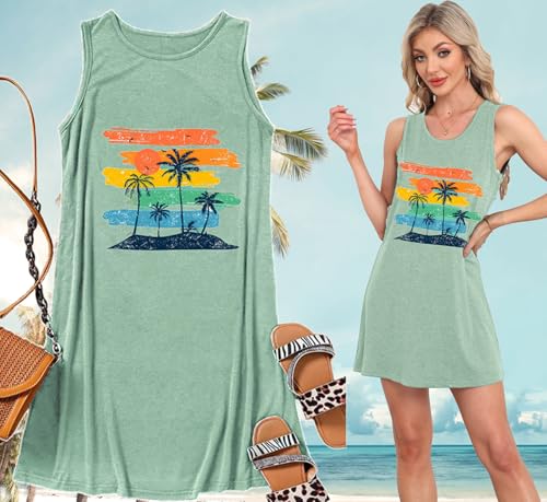 Image of Summer Tank Dress for Women Sunset Palm Tree Beach Vacation Cover Up