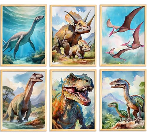 Colorful Dinosaur Wall Art Dino Theme Kids Nursery Wall Decor Plesiosaur Triceratops Pterosaur Brachiosaurus T-rex Velociraptor Poster Picture Prints Artwork for Playroom Toddler Boys Room Unframed