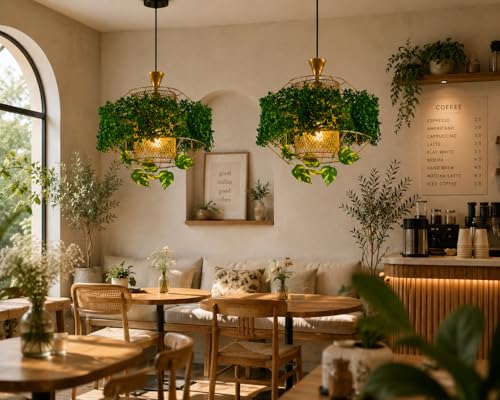 Image of with Bulb Golden MetalCage with Artificial Planter Shaped Pendant Lamp | Hanging Lamp for Living Room| Ceiling Lamp for Bedroom, Kitchen, Balcony, Restaurant /Cafe, for Home Decor