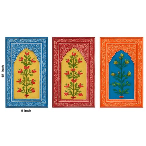 Image of SHREE 'O' GREEN TECH Set Of 3 Handcrafted Wooden Unique Jharokha Wall Hanging Multicolor Rajasthani Window Frame for Home, Living Room, Bedroom & Office Decor (9x15 Inch)
