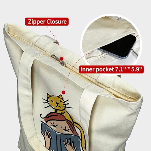 Image of itgowisa Canvas Tote Bag with Zipper Pocket, Travel Shopping Book Bag for Women, Gifts for Teachers, Nurses, Plant Lovers