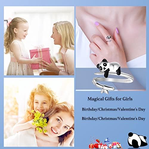 Qings Panda Bear Ring for Women Girls Sterling Silver 925 Animal Adjustable Open Cute Black Enamel Wrap Thumb Finger Ring Panda Bamboo Raccoon Paw Jewelry Birthday Gift