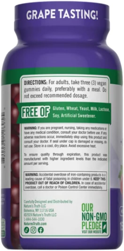 Natures Truth Essential Iron Gummies with B-Vitamins & Zinc_ Non-GMO, Vegan, Gluten Free Grape Flavor (150 Gummies)