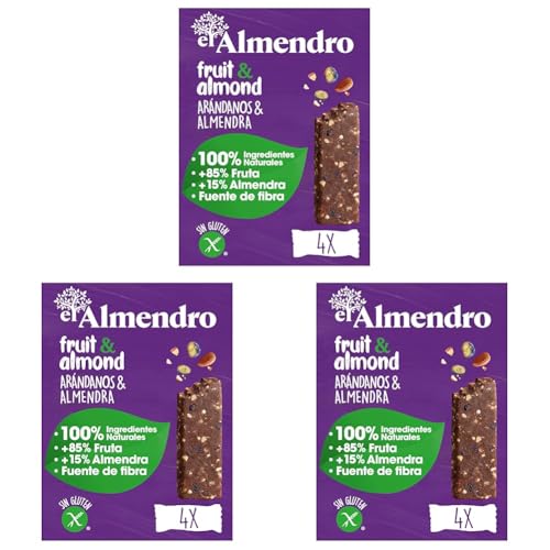 El Almendro, Barritas del Almendra con Arándanos, Barritas de Frutas, Ideales como Snack, 4 Porciones de 35 Gramos, 140 Gramos (Paquete de 3)