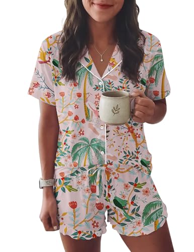 Image of Ekouaer Womens Pajama Sets Button Down Short Sleeve Top and Shorts Cute Ruffled Pjs Sets Sleepwear