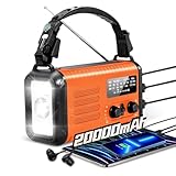 Wind Up Solar Radio, 20000mAh Emergency Weather Radio, Survival Hand Crank Radio, AM/FM Radio with Battery Phone Charger, SOS Alarm & LED Torch for Indoor/Outdoor, Emergency, Hurricane(Orange)