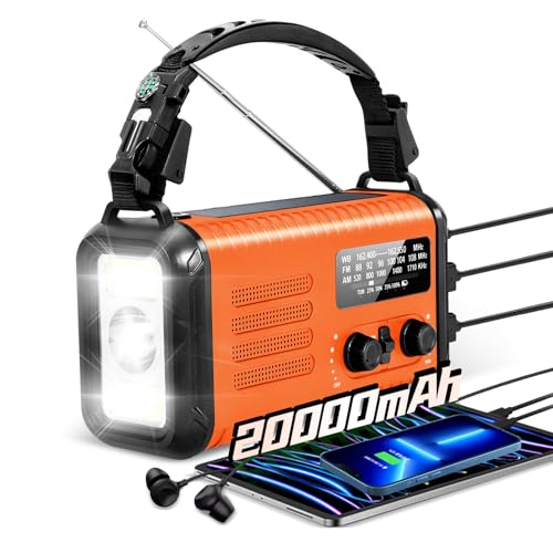 Wind Up Solar Radio, 20000mAh Emergency Weather Radio, Survival Hand Crank Radio, AM/FM Radio with Battery Phone Charger, SOS Alarm & LED Torch for Indoor/Outdoor, Emergency, Hurricane(Orange)