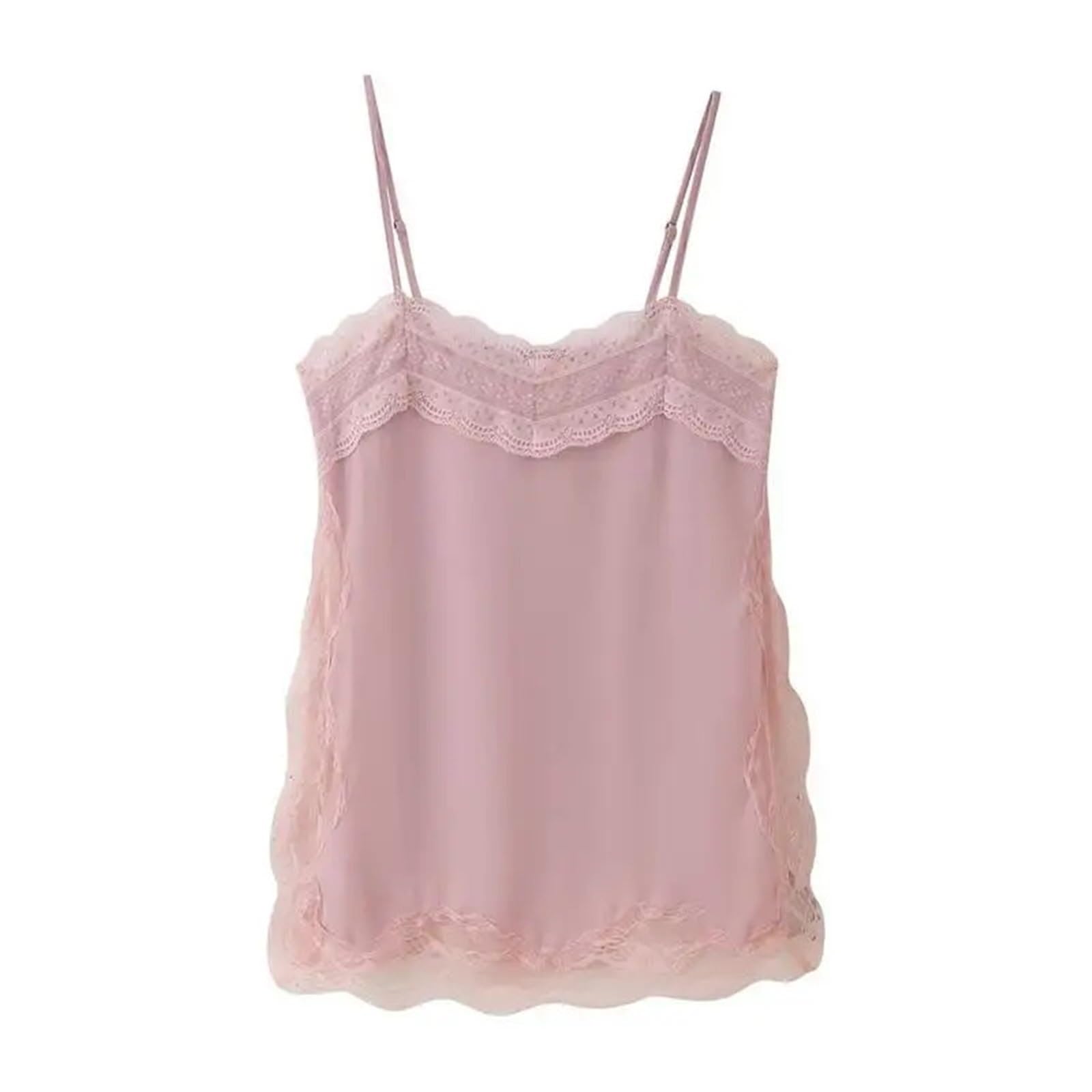 Top de Encaje Retazos con Tirantes y Cuello en V sin Mangas Abertura Lateral, Chaleco Color sólido, Tops Fiesta Vacaciones for Mujer(Pink,S)