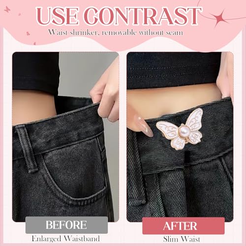 Image of TecoKart 5 Sets Butterfly Jean Buttons Waist Tightener for Loose Pants, No-Sew Adjustable Waist Buckle Clips, Detachable Decorative Jean Button Pins for Women's Jeans & Skirts