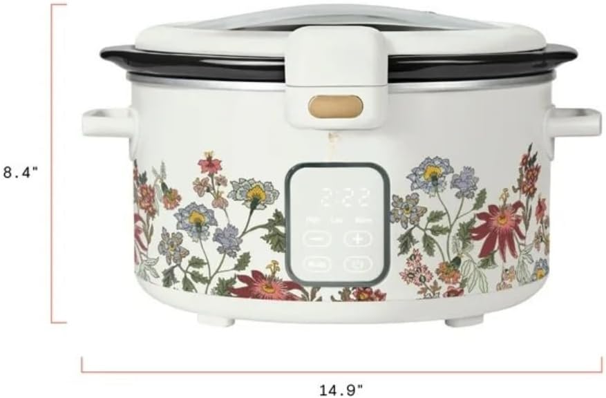 Wonderful 4 Qt Digital Slow Cooker Electric Cooker Pot with Automatic Warm & Hinged Locking Lid, Non-Skid Feet, Cook and Carry Kitchen Appliances (WIldflower White)