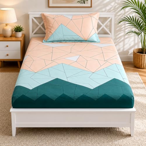 Image of Microfiber Fitzy 280 TC Fitted bedsheet Single Size, Elastic bedsheet,36x78 inches + 10 inches Drop, with 1 Pillow Cover (Diamond Blue Check, 36 inch x 78 inch)